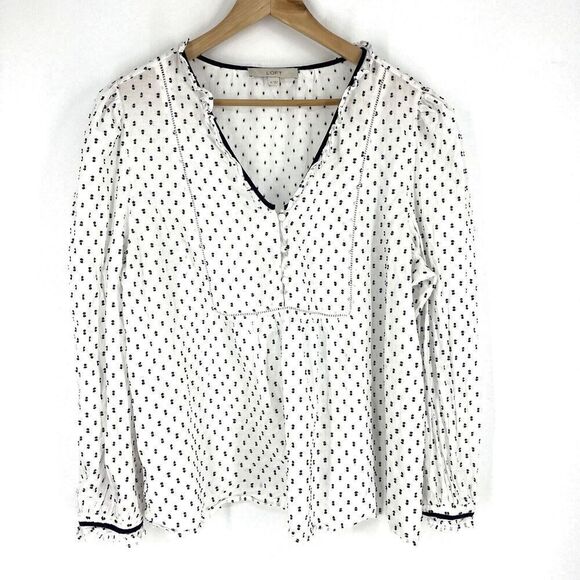 Loft Top Size XL Navy White Swiss Dot Shirt Popover Clip Ruffle Bib Blouse - Picture 1 of 8
